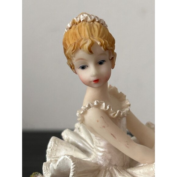 Resin Ballerina Figurine Sitting on Bench Adorned w/Flowers White Tutu Slippers - Picture 5 of 8